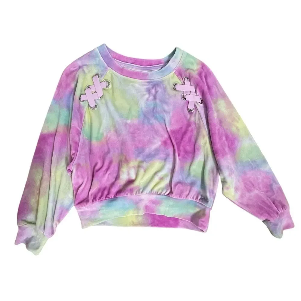 Girls Tie Dye Cropped Sweatshirt Size 10 Pastel Rainbow Pullover